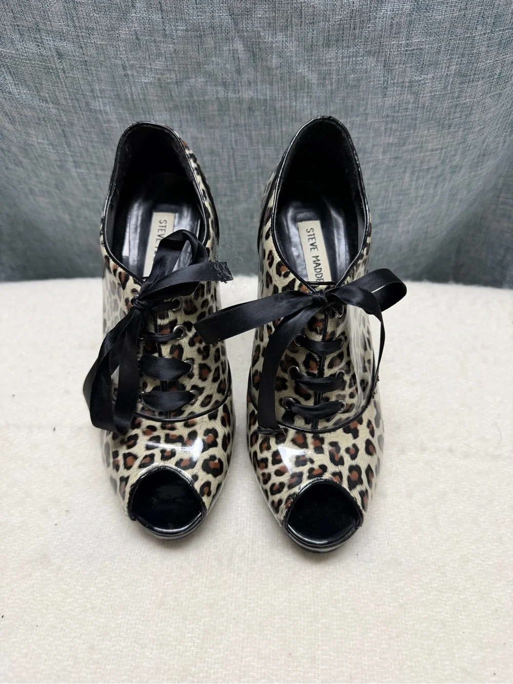 Steve Madden Leopard Print Peep-Toe Lace-Up Heels - Black & Brown